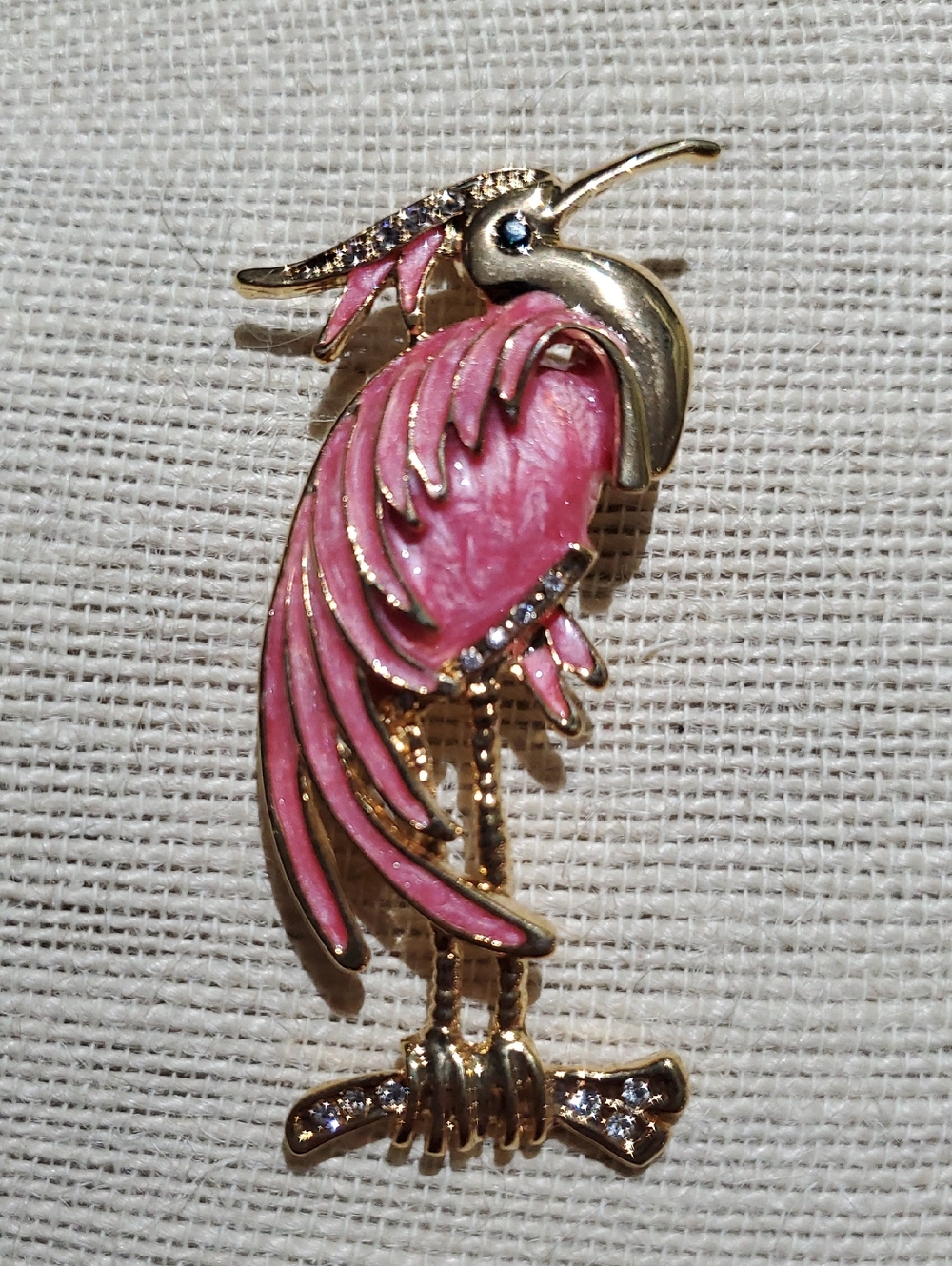 Vintage Gold and Pink Flamingo Bird Brooch Gems Sparkle Shimmer Feathers
